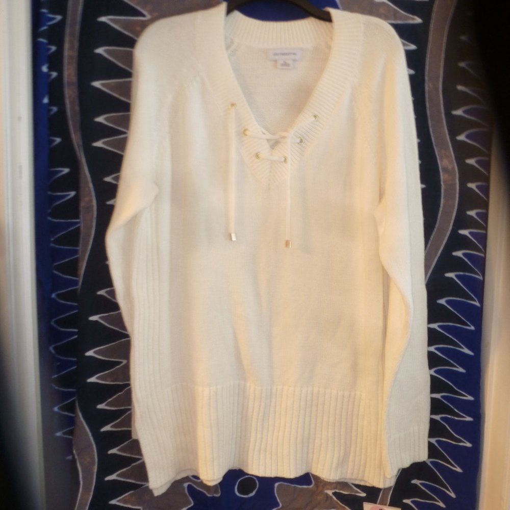 NEW Liz Claiborne  Knitted Lace Up V-Neck Pullover Long  Sweater size XL